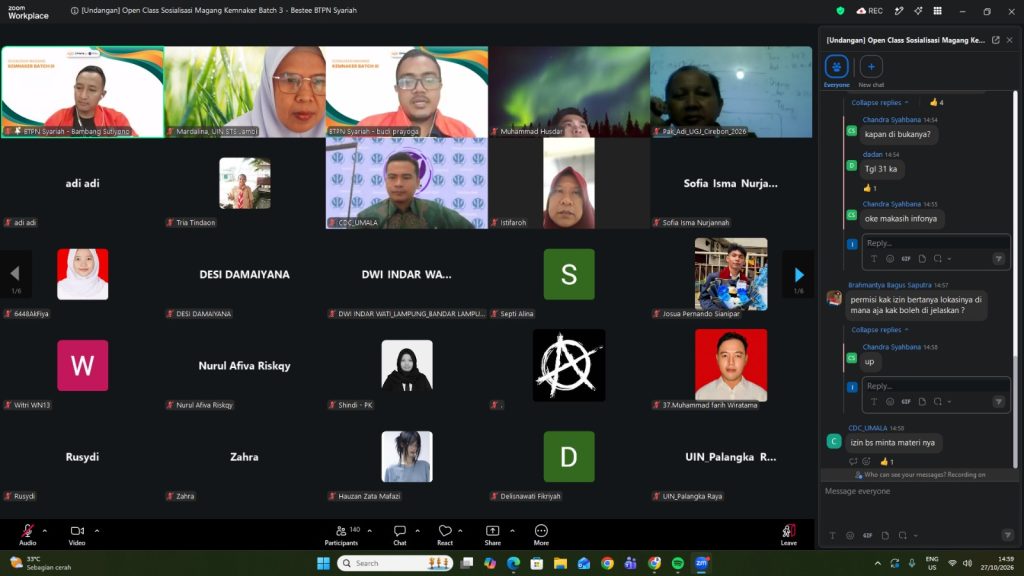 Kepala UPT Pengembangan Kewirausahaan dan Karier mengikuti Sosialisasi Program Magang Bestee – Kemnaker Batch 3 – 2026 melalui zoom meeting