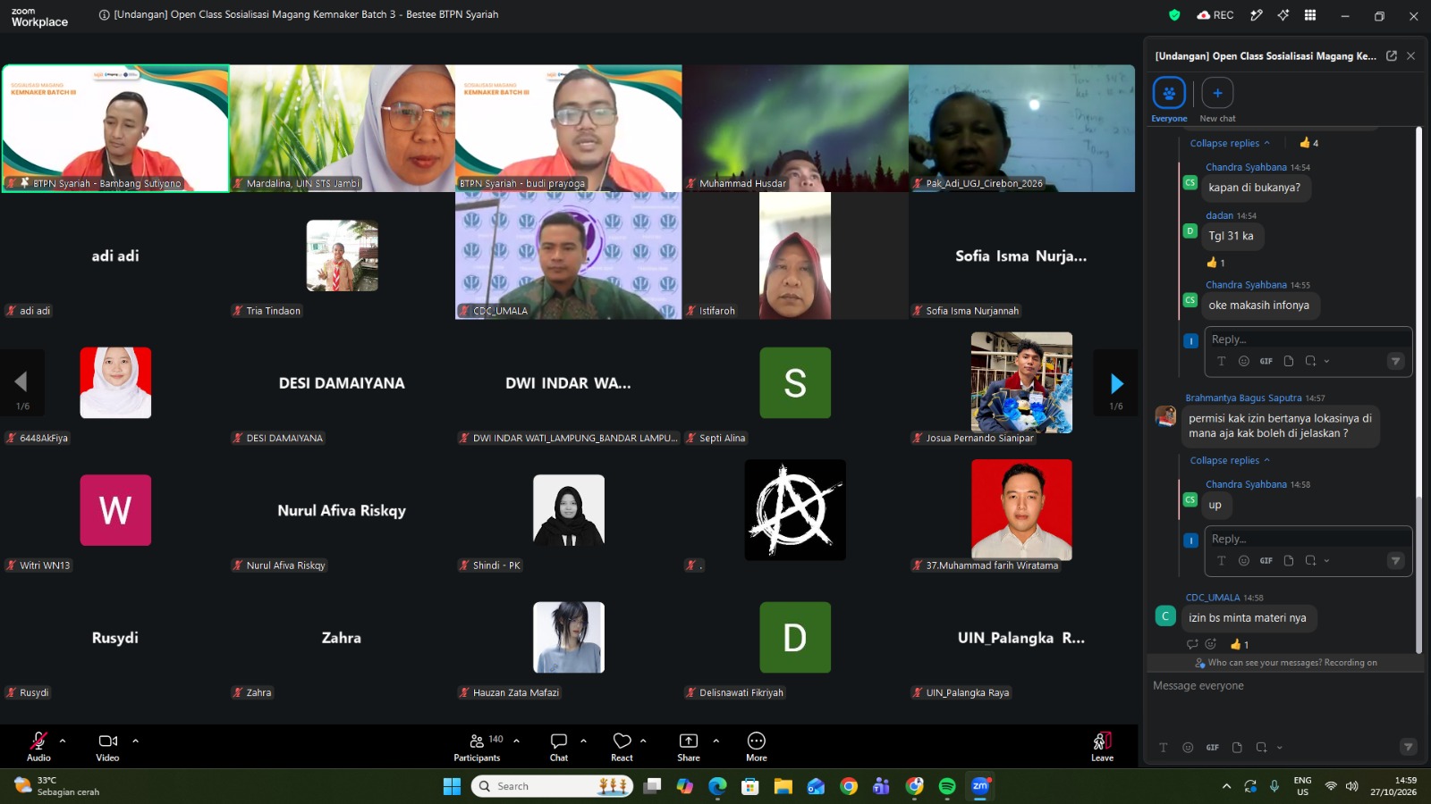Kepala UPT Pengembangan Kewirausahaan dan Karier mengikuti Sosialisasi Program Magang Bestee – Kemnaker Batch 3 – 2026 melalui zoom meeting